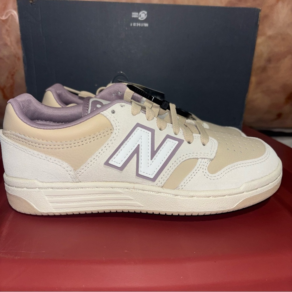 New Balance 480 Cream & Mauve Low-Top Sneaker - Picture 2 of 8
